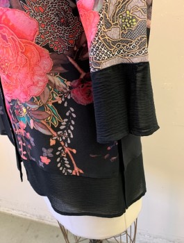 Womens, Blouse, CITRON, Black, Multi-color, Silk, Asian Inspired Theme, Floral, M, Chiffon, 3/4 Sleeves, Button Front, Mandarin Collar, Solid Black Chiffon Underlayer That Peeks Out at Hem/Cuffs