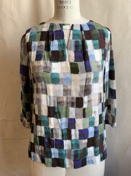 Womens, Top, KIN, Green, White, Lt Blue, Violet Purple, Brown, Viscose, Grid , B 38, M, Watercolor Grid Pattern, Pleated at Neck with Keyhole, 3/4 Sleeve, Keyhole Button Loop Back