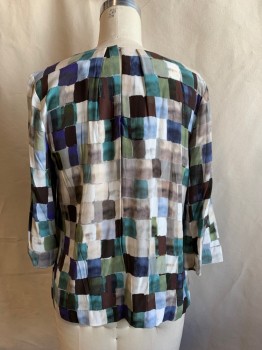 Womens, Top, KIN, Green, White, Lt Blue, Violet Purple, Brown, Viscose, Grid , B 38, M, Watercolor Grid Pattern, Pleated at Neck with Keyhole, 3/4 Sleeve, Keyhole Button Loop Back