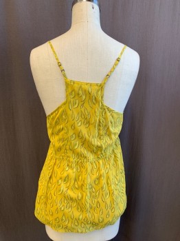 Womens, Top, BROADWAY & BROOME, Yellow, Gray, Silk, Novelty Pattern, XS, Feather Pattern, Adjustable Spaghetti Straps, Racer Back, Scoop Neck, Empire Waist Ruffle