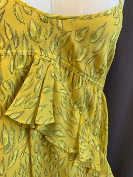 Womens, Top, BROADWAY & BROOME, Yellow, Gray, Silk, Novelty Pattern, XS, Feather Pattern, Adjustable Spaghetti Straps, Racer Back, Scoop Neck, Empire Waist Ruffle