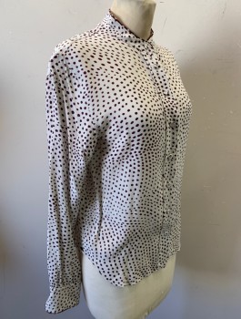 Womens, Blouse, RAG & BONE, Off White, Red Burgundy, Viscose, Spots , XS, Long Sleeves, Button Front, Band Collar, Burgundy Piping at Collar & Cuffs, Fabric Covered Buttons