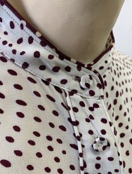 Womens, Blouse, RAG & BONE, Off White, Red Burgundy, Viscose, Spots , XS, Long Sleeves, Button Front, Band Collar, Burgundy Piping at Collar & Cuffs, Fabric Covered Buttons