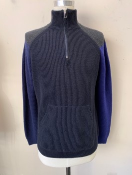 Mens, Pullover Sweater, PAUL SMITH, Midnight Blue, Blue, Dk Gray, Wool, Color Blocking, M, Knit, Mock Neck, 1/4 Snap Front, Long Sleeves