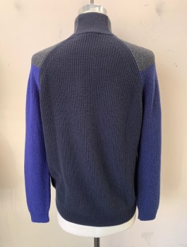 Mens, Pullover Sweater, PAUL SMITH, Midnight Blue, Blue, Dk Gray, Wool, Color Blocking, M, Knit, Mock Neck, 1/4 Snap Front, Long Sleeves