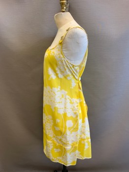Womens, Dress, Wilfred, Yellow, Off White, Silk, Print, M, Buttoned Shoulder Straps, Tie at Back, 4 Gold Buttons