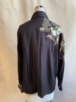 VINCE, Black, Dk Green, Cream, Champagne, Silk, Rayon, Floral, Black with Floral Pattern on Right Shoulder and Lower Left Sleeve, Button Front, Collar Attached, Button Cuff, Multiple