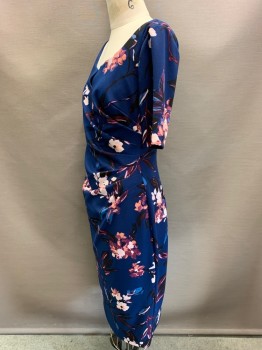 Adriana Papell, Dk Blue, Salmon Pink, Purple, Black, Blush Pink, Polyester, Elastane, Floral, S/S, Scoop Neck with V Cut, Side Pleat Waist Bamd, Back Zipper,