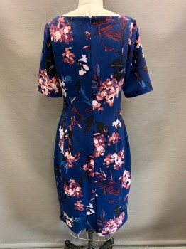Adriana Papell, Dk Blue, Salmon Pink, Purple, Black, Blush Pink, Polyester, Elastane, Floral, S/S, Scoop Neck with V Cut, Side Pleat Waist Bamd, Back Zipper,