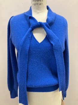 Womens, Pullover, CO, Blue, Wool, Cashmere, S, L/S, Rib Knit, V-N, with Self Tie Neck