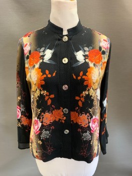 Womens, Blouse, CITRON, Black, Sand, Pink, Orange, Red, Silk, Floral, M, Waffle Texture Knit; Vertical Ombre Pattern, Mandarin Collar, B.F., Inverted CB Pleat W/Tab & Btn Near Pleat Btm, L/S W/Solid Black Crepe Double-Layered Cuffs