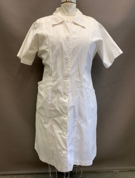 LANDAU, White, Poly/Cotton, Solid, Short Sleeves, Button Front, Collar Attached, 3 Diagonal Pockets/Compartments at Hips, Knee Length