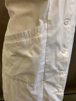 LANDAU, White, Poly/Cotton, Solid, Short Sleeves, Button Front, Collar Attached, 3 Diagonal Pockets/Compartments at Hips, Knee Length
