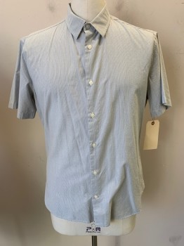 Mens, Casual Shirt, VINCE, White, Blue, Gray, Cotton, Stripes - Pin, L, Short Sleeves, Button Front, Collar Attached,