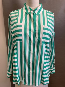 Womens, Blouse, KARL LAGERFELD, Green, White, Rayon, Stripes, L, Long Sleeves, Button Front, Collar Attached, 2 Patch Pockets *stain on Front