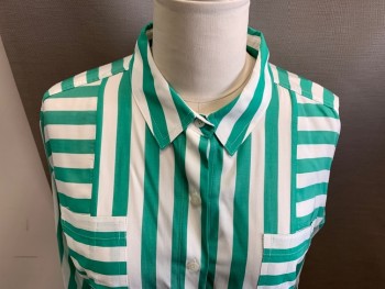 Womens, Blouse, KARL LAGERFELD, Green, White, Rayon, Stripes, L, Long Sleeves, Button Front, Collar Attached, 2 Patch Pockets *stain on Front