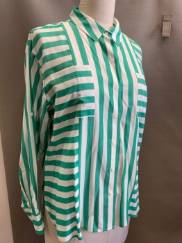 KARL LAGERFELD, Green, White, Rayon, Stripes, Long Sleeves, Button Front, Collar Attached, 2 Patch Pockets *stain on Front