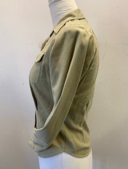 Womens, Shirt, WESTERN COSTUMECO, Khaki Brown, Cotton, Solid, W 29, B 37, 1940s, Soft Twill, Button Front, Spread Notch Collar, 2 Button Flap Pockets, Long Sleeves with Button Cuffs, Epaulets, Multiple, WPA