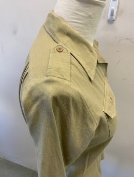 Womens, Shirt, WESTERN COSTUMECO, Khaki Brown, Cotton, Solid, W 29, B 37, 1940s, Soft Twill, Button Front, Spread Notch Collar, 2 Button Flap Pockets, Long Sleeves with Button Cuffs, Epaulets, Multiple, WPA