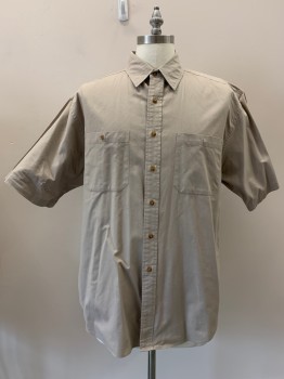 Mens, Casual Shirt, WINDBRIDGE, Khaki Brown, Cotton, Solid, L, S/S, Button Front, Collar Attached, Chest Pockets
