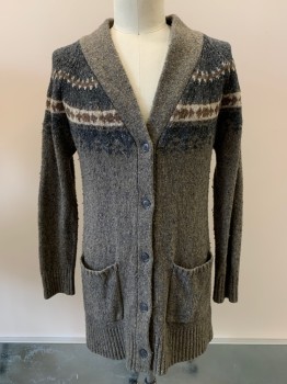 PENDLETON, Tan Brown, Charcoal Gray, Beige, Brown, Wool, Fair Isle, Multicolor Weave, L/S, Shawl Collar, Button Front, Top Pockets,