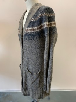 Womens, Sweater, PENDLETON, Tan Brown, Charcoal Gray, Beige, Brown, Wool, Fair Isle, L, Multicolor Weave, L/S, Shawl Collar, Button Front, Top Pockets,