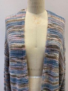 AMERICAN EAGLE, Slate Blue, Pink, Beige, Brown, White, Acrylic, Polyester, Stripes - Horizontal , Open Front, L/S