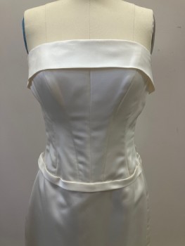 Womens, Wedding Gown, N/L, Pearl White, Polyester, Solid, W: 26, B: 32, Strapless, Foldover Neckline, Boning, Back Zip With Self Buttons, Back Slit