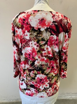 Womens, Top, JM COLLECTION, Pink, White, Red Burgundy, Black, Khaki Brown, Polyester, Spandex, Floral, 3X, Watercolor Floral, Crew Neck, 3/4 Sleeve, Pullover,