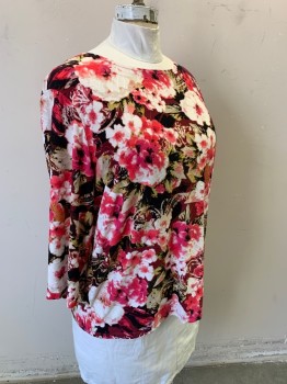 Womens, Top, JM COLLECTION, Pink, White, Red Burgundy, Black, Khaki Brown, Polyester, Spandex, Floral, 3X, Watercolor Floral, Crew Neck, 3/4 Sleeve, Pullover,
