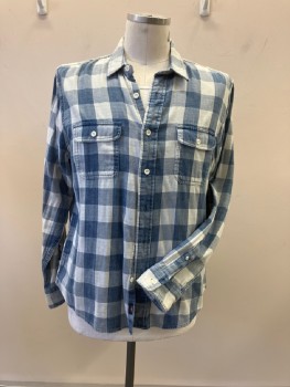 FAHERTY, Blue, White, Cotton, Check , C.A., B.F., L/S, 2 Flap Pckt, Soft Chambray Lining, 2 Pleats From Back Yoke