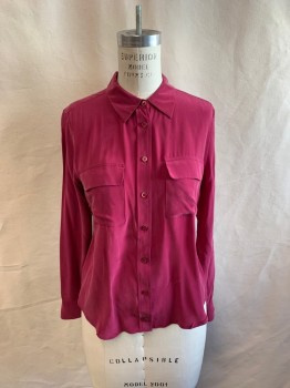Womens, Blouse, EQUIPMENT, Magenta Pink, Silk, Solid, M, Collar Attached, Button Front, Long Sleeves, 2 Pockets, Box Pleat Back, Multiple