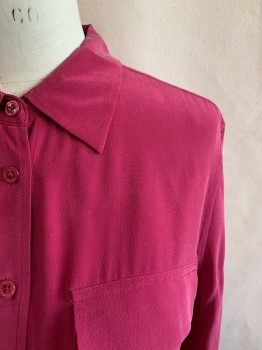EQUIPMENT, Magenta Pink, Silk, Solid, Collar Attached, Button Front, Long Sleeves, 2 Pockets, Box Pleat Back, Multiple