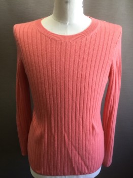 Mens, Pullover Sweater, BANANA REPUBLIC, Salmon Pink, Wool, Rayon, Solid, L, Bright Salmon Ribbed Knit, Long Sleeves, Deep Crew Neck