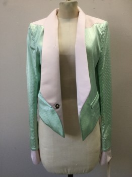 Womens, Blazer, JUST CAVALLI, Lt Green, Lt Pink, Synthetic, Color Blocking, Dots, 40, Lt Green with Self Textured Dots, Lt Pink Shawl Lapel & Trim, 1 Button,