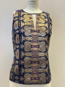 Womens, Top, TORY BURCH, Navy Blue, Gold, Plum Purple, Polyester, Geometric, 6, Ethnic Inspired Geometric Pattern, Brocade, Round Neck with Triangular Cut Out @A CF Neck, Invisible Zipper At CB