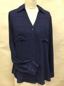 EXPRESS, Navy Blue, Silk, Solid, BLOUSE:  Navy, Collar Attached V-neck, 2 Pockets, Button Front, Long Sleeves, 2 Buttons On Arm