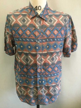 CPO PROVISIONS, Gray, Brick Red, Blue, Beige, Cotton, Geometric, Abstract , Short Sleeve Button Front, Collar Attached, 1 Pocket