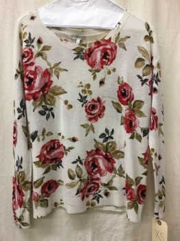 Womens, Pullover, JOIE, Cream, Dk Red, Rose Pink, Olive Green, Wool, Floral, Xs, Round Neck,  Long Sleeves, Loose Fit