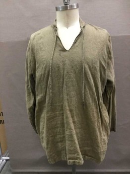 Mens, Historical Fiction Shirt, Taupe, Polyester, Cotton, XL, Long Sleeves, Band Collar, Self Tie At Neck, Tie At One Cuff, Split NeckFC012485