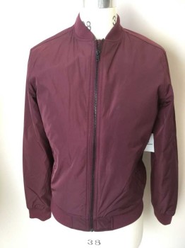 Mens, Casual Jacket, OLD NAVY, Maroon Red, Polyester, Solid, S, Flight Jacket, 3 Pockets (Including One on Sleeve, Zip Front, Long Sleeves, Ribbed Knit Collar/Waistband/Cuff