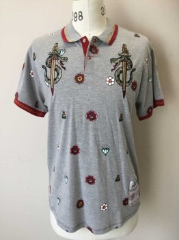REASON, Lt Gray, Dk Red, Gold, Olive Green, White, Cotton, Novelty Pattern, Floral, Lt Gray with Flower/Bug/Diamond Print, 2 Embroidered Snakes Wrapped Around Swords on Chest, Gray/Dark Red Gold Ribbed Knit Collar, 2 Snap, Dark Red with Gold Ribbed Knit Cuffs