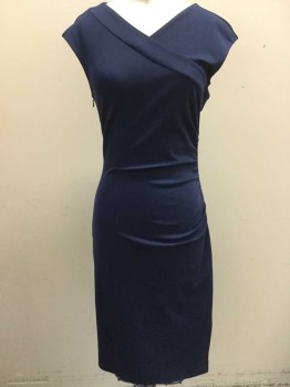 Womens, Dress, Sleeveless, DVF, Navy Blue, Viscose, Polyester, Solid, 0, V-neck, Sleeveless, Ruched on Left Side, Zipper on Right Side