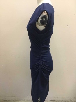 Womens, Dress, Sleeveless, DVF, Navy Blue, Viscose, Polyester, Solid, 0, V-neck, Sleeveless, Ruched on Left Side, Zipper on Right Side