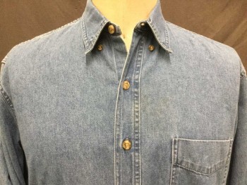 DICKIES, Lt Blue, Cotton, Heathered, Light Blue Denim, Collar Attached, Button Front, Long Sleeves, 1 Pocket