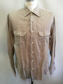 LEONARDO VALENTI, Lt Brown, Linen, Solid, Long Sleeve Button Front, Collar Attached, 2 Flap Pockets