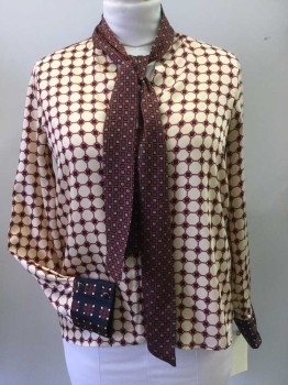 ZARA, Tan Brown, Red, Midnight Blue, Brown, Polyester, Geometric, Button Front, Long Sleeves, Contrasting Fabric Attached Neck Scarf, Yoke and Button Cuffs