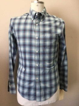 BAND OF OUTSIDERS, Lt Blue, Navy Blue, Red, Gray, Cotton, Plaid, Button Front, Collar Attached, Button Down Collar, Long Sleeves, 1 Pocket