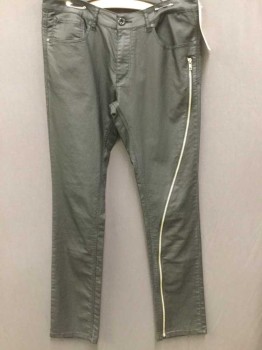 Mens, Casual Pants, N/L, Black, Cotton, Polyester, Solid, 31.5, 32, Waxy Feel, Little Stretch, 5 + Pockets, Zipper Detail Down Left Leg