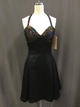 Womens, Cocktail Dress, N/L, Black, Magenta Purple, Turquoise Blue, Gold, Polyester, Lurex, Floral, Solid, 29B, Empire Waist, Gored Flippy Mini, Cross Straps in Back, Back Zipper,